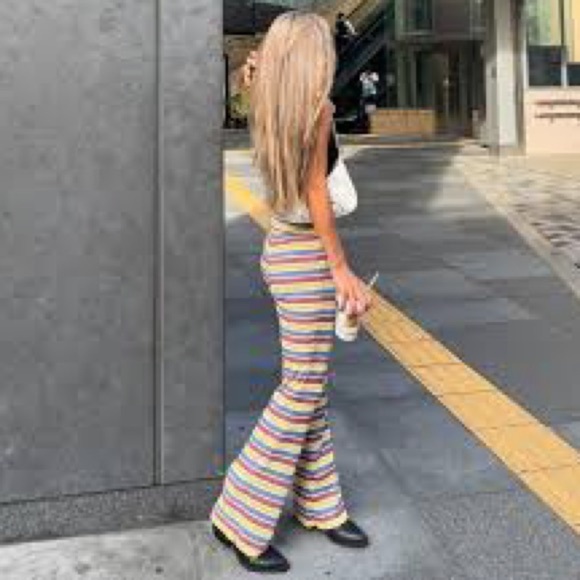 ZARA Y2K Ribbed Knit Pants Boho Flare Multicolor Striped Elastic Waist Size S - Picture 2 of 7